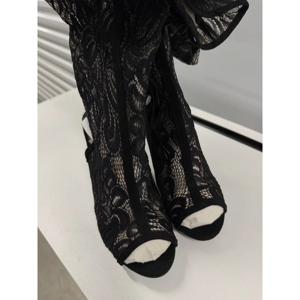 Bamboo Black Floral Lace Over The Knee Peep Toe Block Heel Boots Size 9